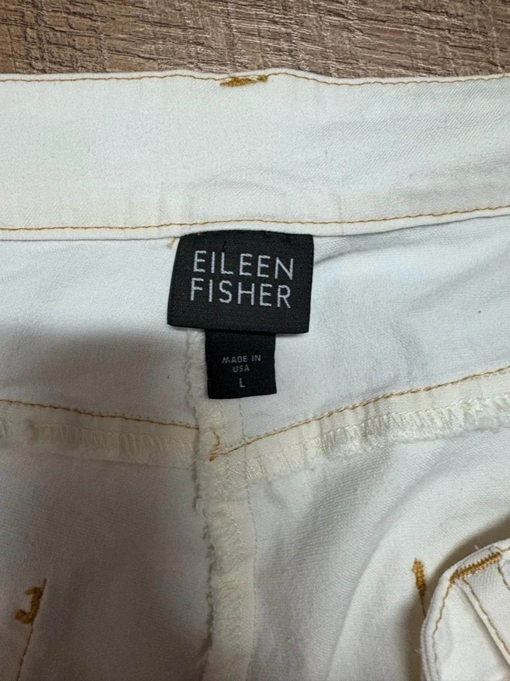 Eileen Fisher Ivory W/ Tan Stitching Straight Leg Jeans Size Large